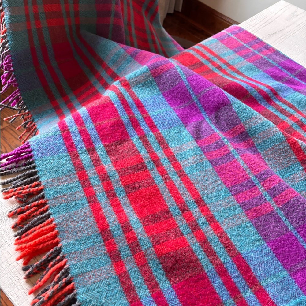 CB2 Pink and Blue Plaid Throw Blanket - Picture 4 of 7